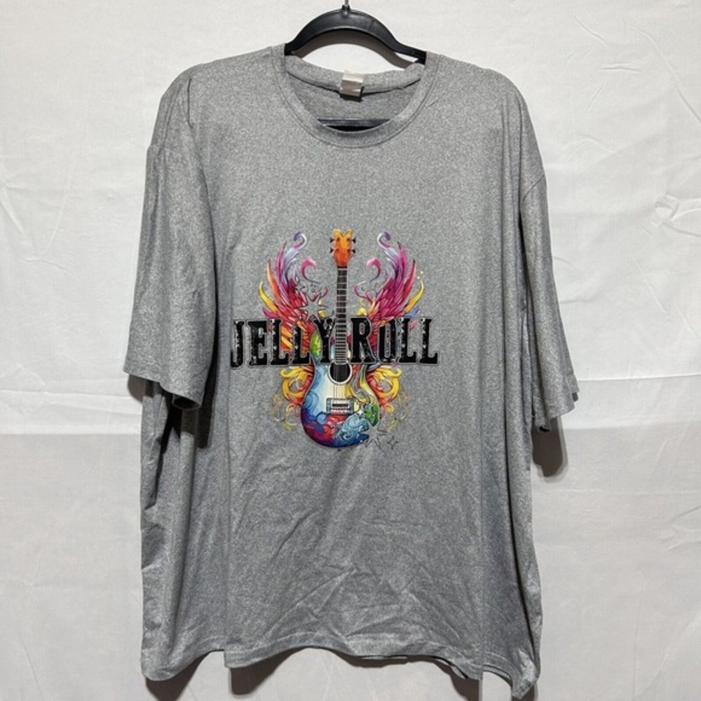 Jelly Roll T-Shirt Guitar Graphic Print Short Sleeve‎ Logo Tee Gray 5XL Fits 3XL
